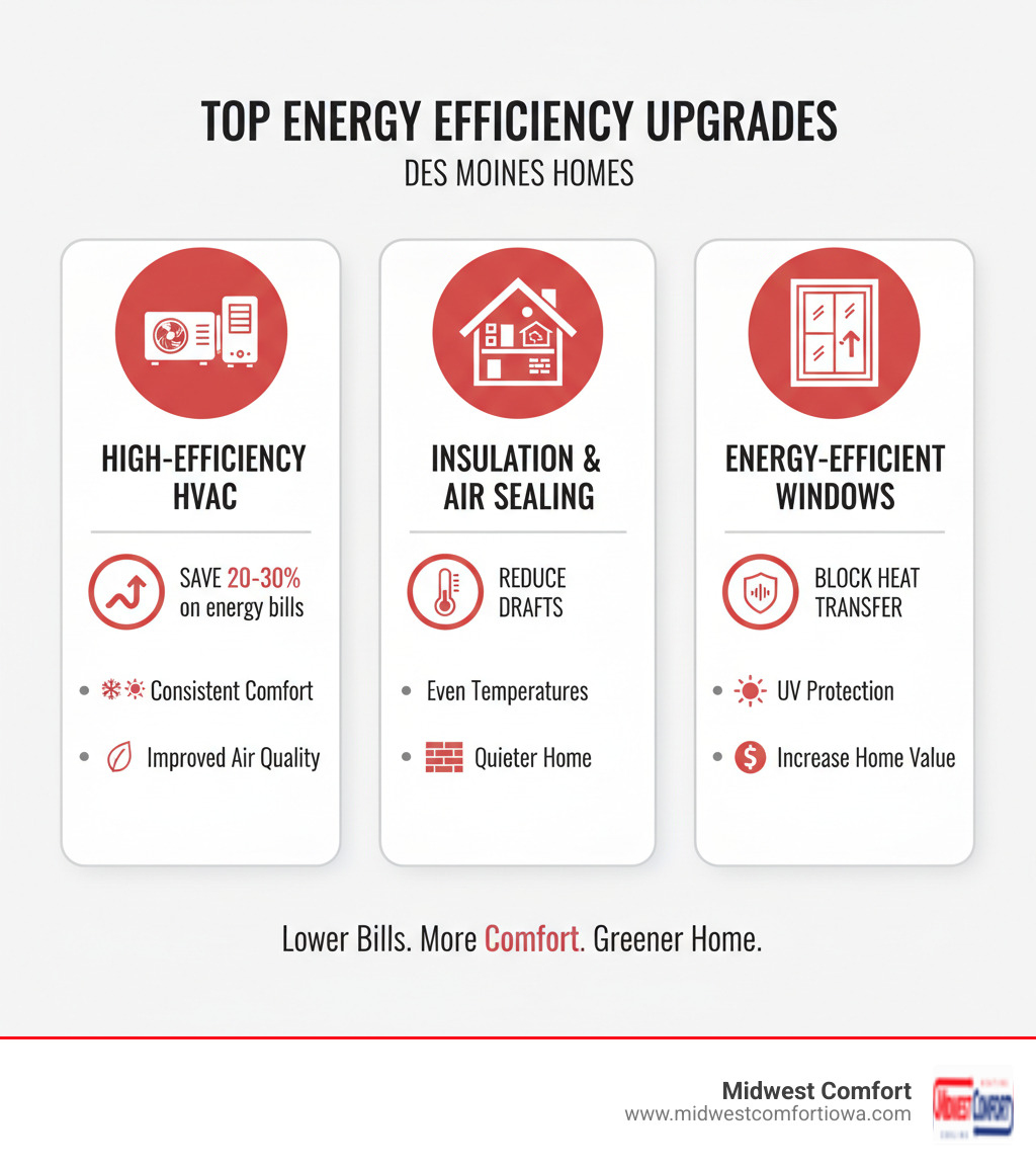 infographic showcasing top upgrades like HVAC, insulation, and windows - energy efficiency upgrade des moines infographic infographic showcasing top upgrades like HVAC, insulation, and windows - energy efficiency upgrade des moines infographic