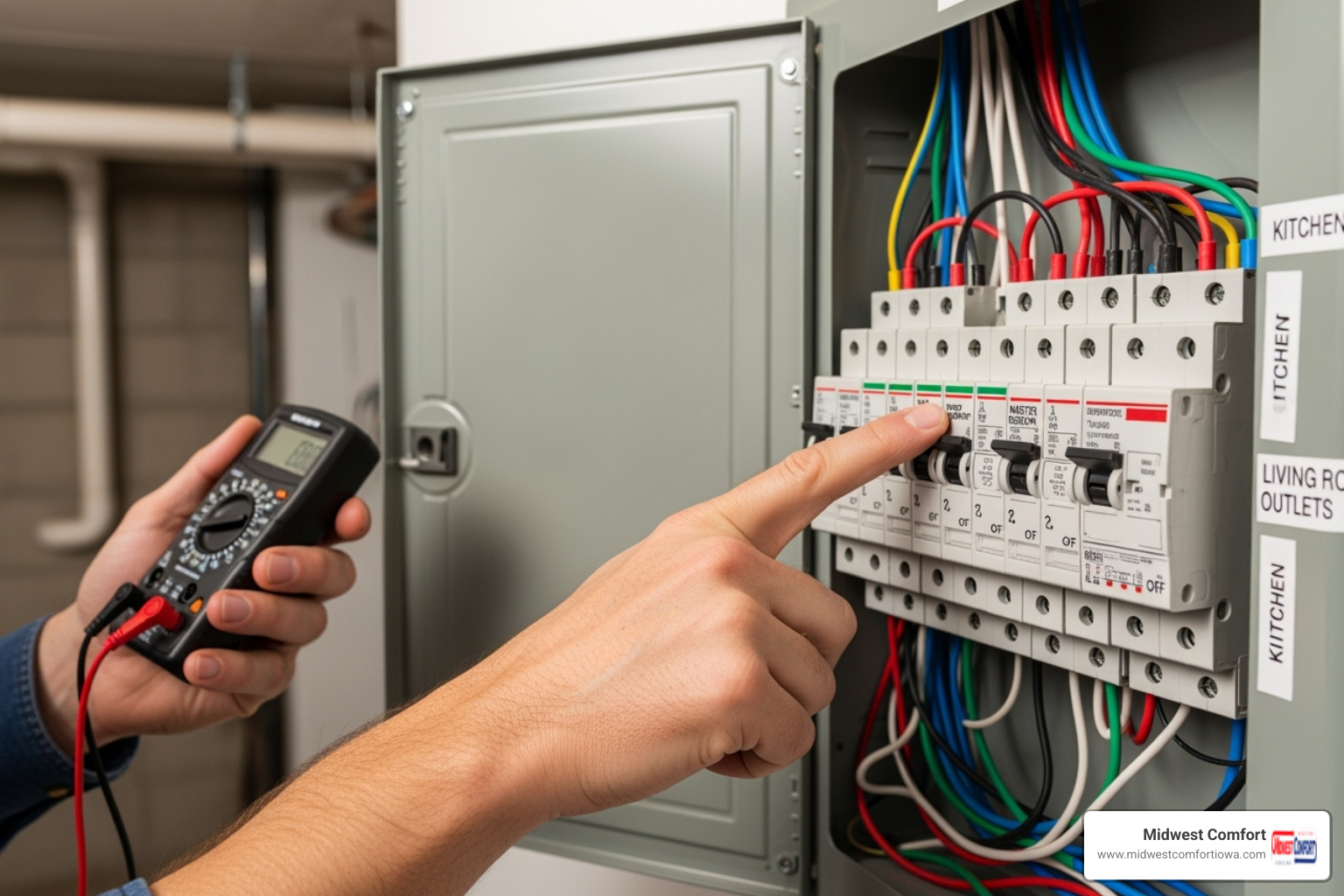 A close-up image of a homeowner's hands checking circuit breakers in an electrical panel - emergency furnace service johnston A close-up image of a homeowner's hands checking circuit breakers in an electrical panel - emergency furnace service johnston