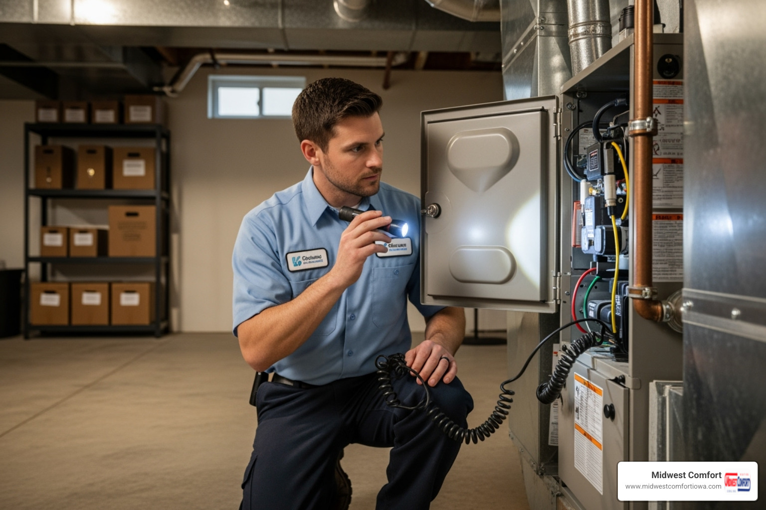 A clean, professional technician inspecting an HVAC system - humidifier installation des moines A clean, professional technician inspecting an HVAC system - humidifier installation des moines