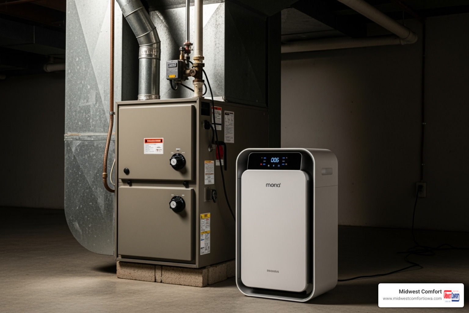 An air purifier unit next to a furnace - humidifier installation des moines An air purifier unit next to a furnace - humidifier installation des moines