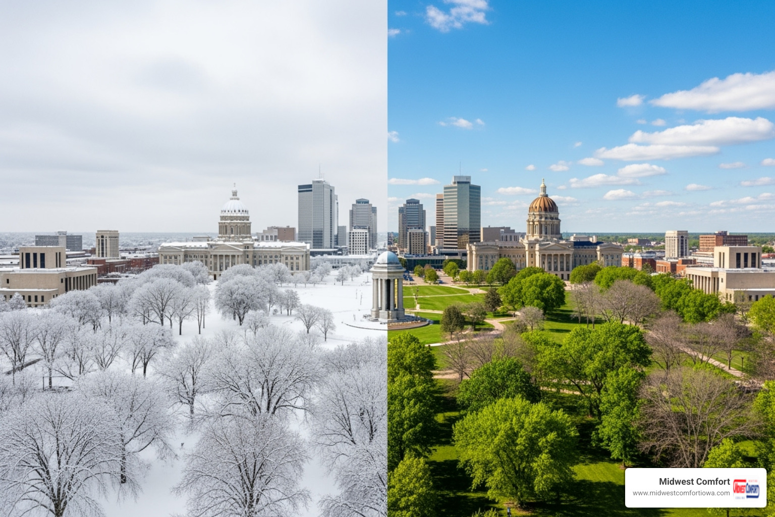 A split-screen image showing a snowy Des Moines winter scene on one side and a sunny Des Moines summer scene on the other - commercial hvac repair des moines