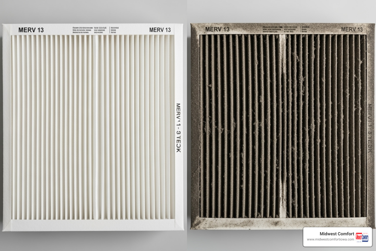 A split-screen image showing a clean HVAC filter on one side and a heavily soiled, dirty filter on the other - commercial hvac repair des moines A split-screen image showing a clean HVAC filter on one side and a heavily soiled, dirty filter on the other - commercial hvac repair des moines