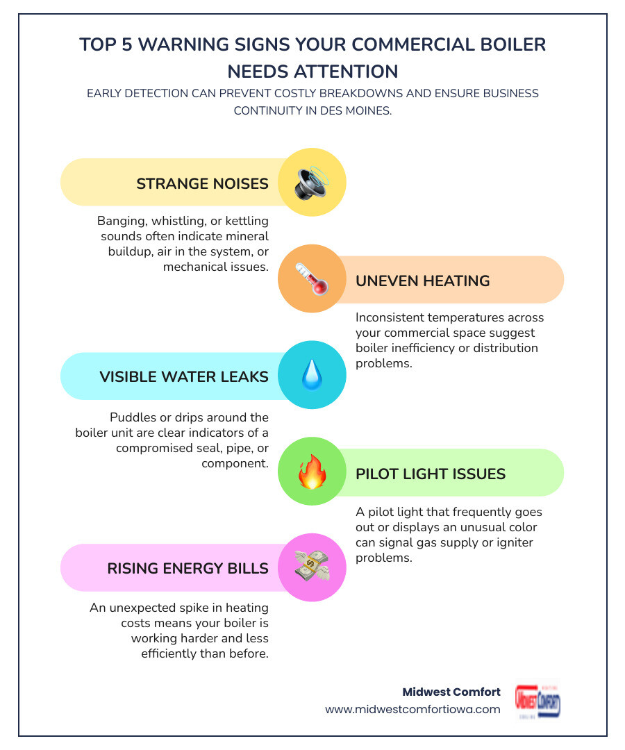Infographic showing the top 5 warning signs your commercial boiler needs immediate attention: 1) Strange noises like banging or kettling sounds, 2) Inconsistent heating throughout your building, 3) Visible water leaks around the boiler unit, 4) Pilot light that won't stay lit or unusual flame color, 5) Sudden spike in energy bills without increased usage - commercial boiler repair in des moines, ia infographic infographic-line-5-steps-colors Infographic showing the top 5 warning signs your commercial boiler needs immediate attention: 1) Strange noises like banging or kettling sounds, 2) Inconsistent heating throughout your building, 3) Visible water leaks around the boiler unit, 4) Pilot light that won't stay lit or unusual flame color, 5) Sudden spike in energy bills without increased usage - commercial boiler repair in des moines, ia infographic infographic-line-5-steps-colors