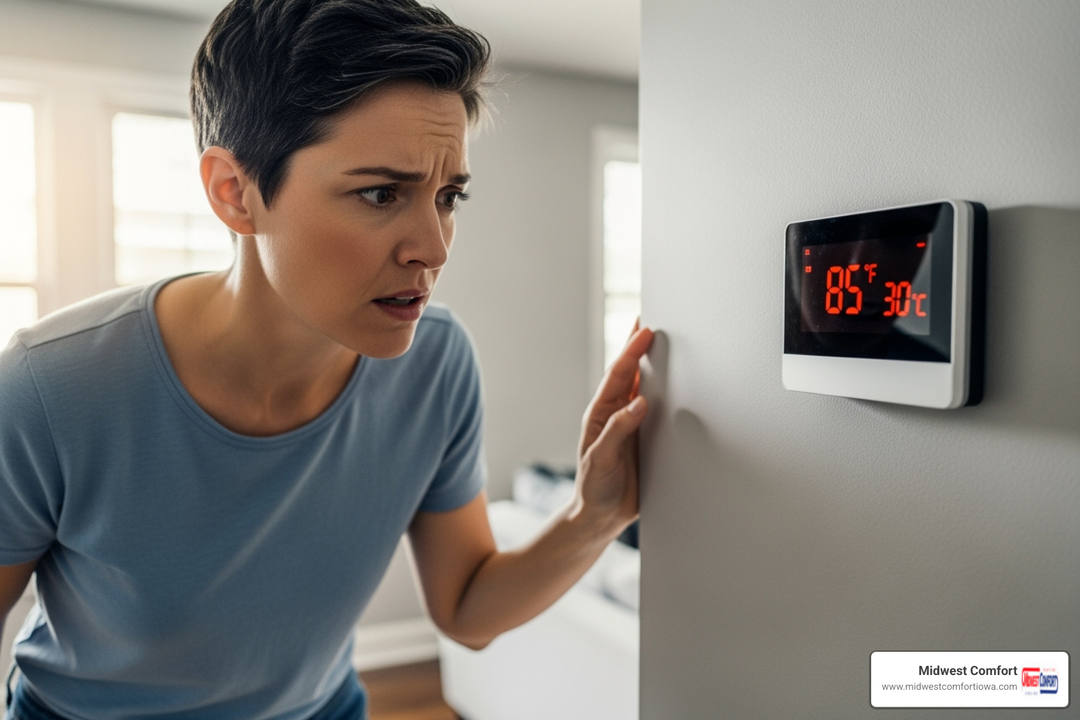 homeowner looking concerned at a thermostat showing a high temperature - central air replacement ankeny ia homeowner looking concerned at a thermostat showing a high temperature - central air replacement ankeny ia