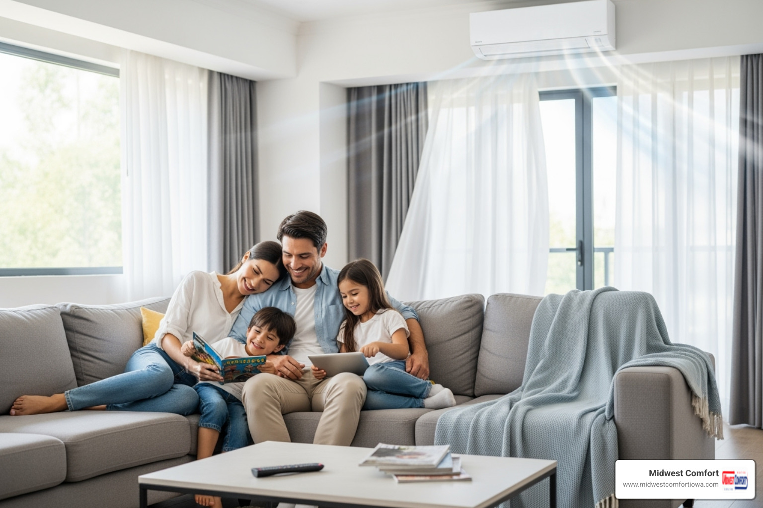 Happy family enjoying cool air in their home - central air replacement ankeny ia Happy family enjoying cool air in their home - central air replacement ankeny ia