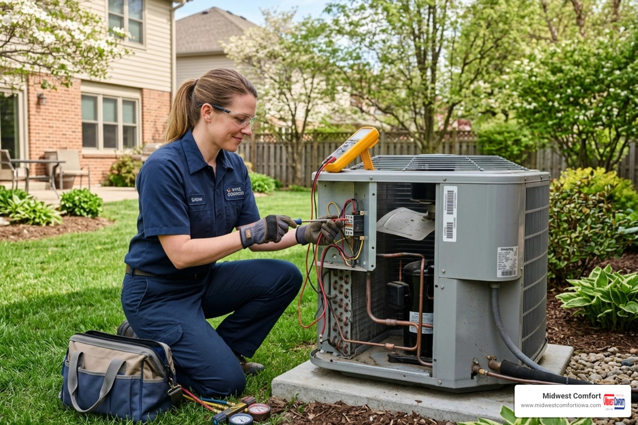 HVAC technician performing a spring inspection on an outdoor unit - best time of year to schedule your ac tune up