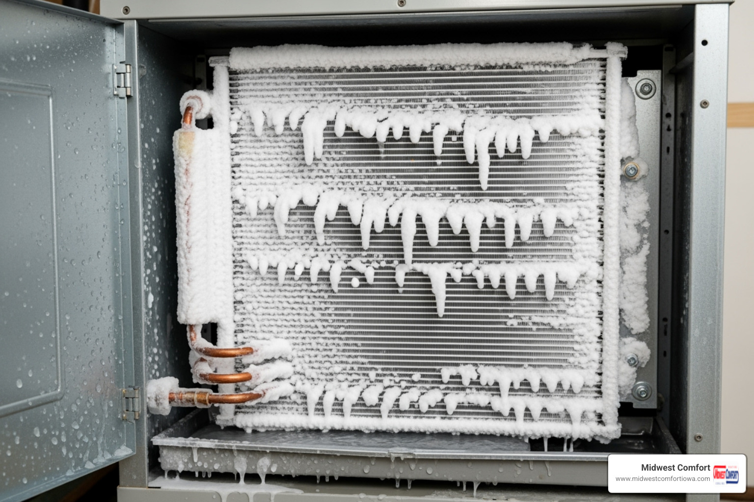 Ice buildup on an AC evaporator coil, clearly visible within the indoor unit - air conditioner troubleshooting des moines Ice buildup on an AC evaporator coil, clearly visible within the indoor unit - air conditioner troubleshooting des moines