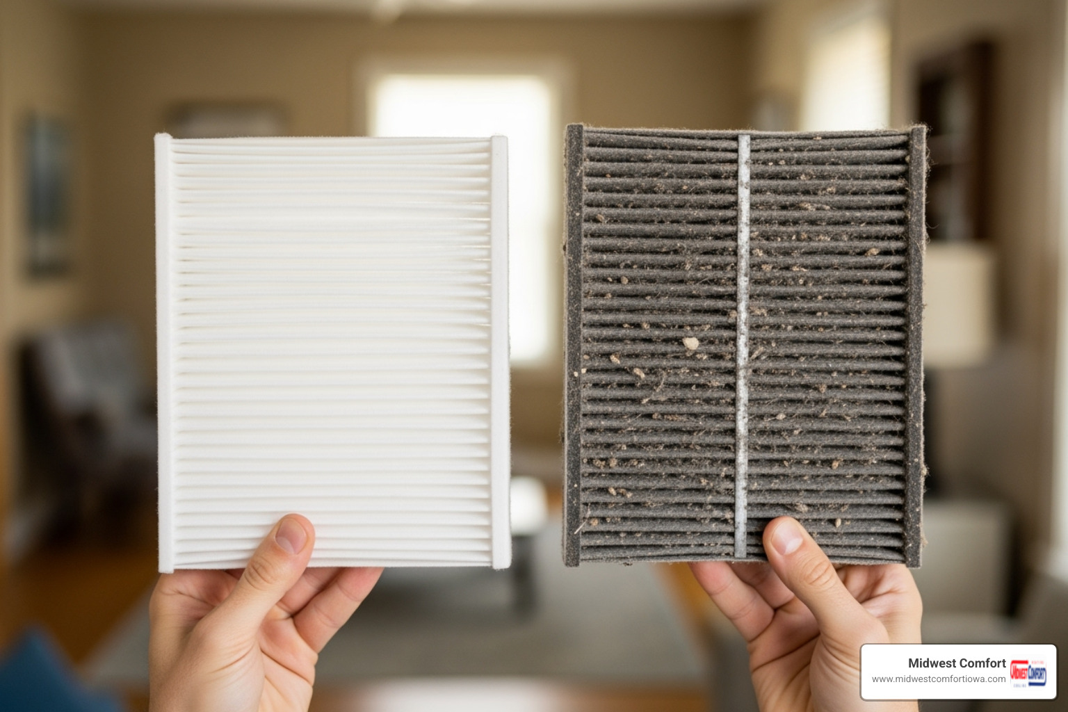 A person holding up a clean air filter next to a very dirty, clogged air filter for comparison - air conditioner troubleshooting des moines A person holding up a clean air filter next to a very dirty, clogged air filter for comparison - air conditioner troubleshooting des moines