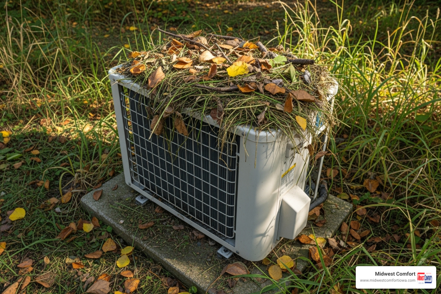 An outdoor AC condenser unit surrounded by leaves, grass clippings, and other debris - air conditioner troubleshooting des moines An outdoor AC condenser unit surrounded by leaves, grass clippings, and other debris - air conditioner troubleshooting des moines