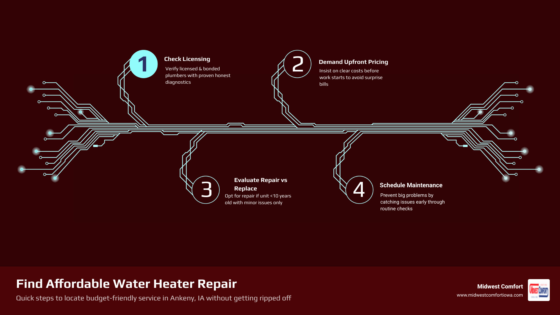 Infographic showing steps to find affordable water heater repair in Ankeny IA from diagnosis to fix - affordable water Infographic showing steps to find affordable water heater repair in Ankeny IA from diagnosis to fix - affordable water
