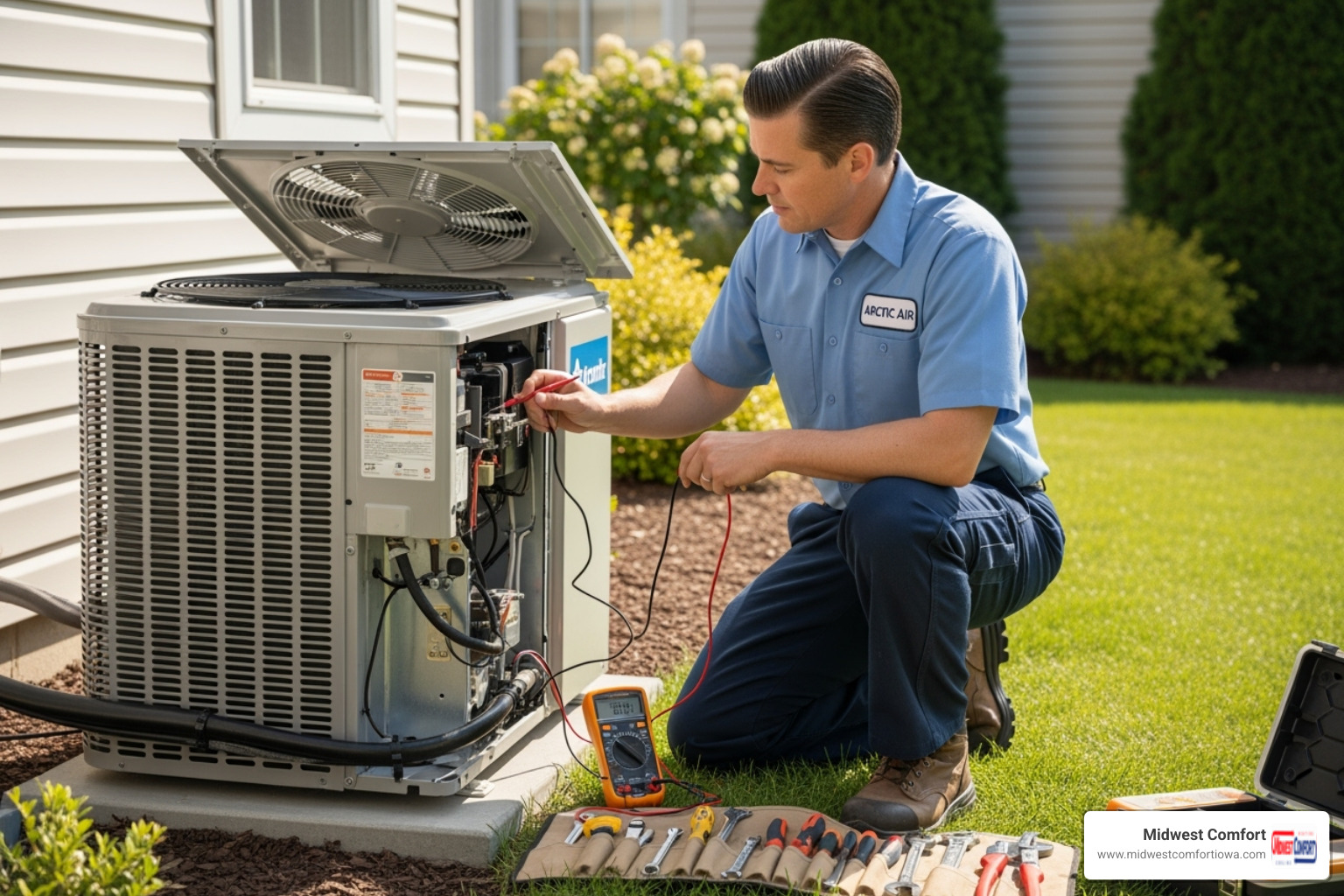 professional technician servicing an outdoor AC unit - ac repair des moines ia professional technician servicing an outdoor AC unit - ac repair des moines ia