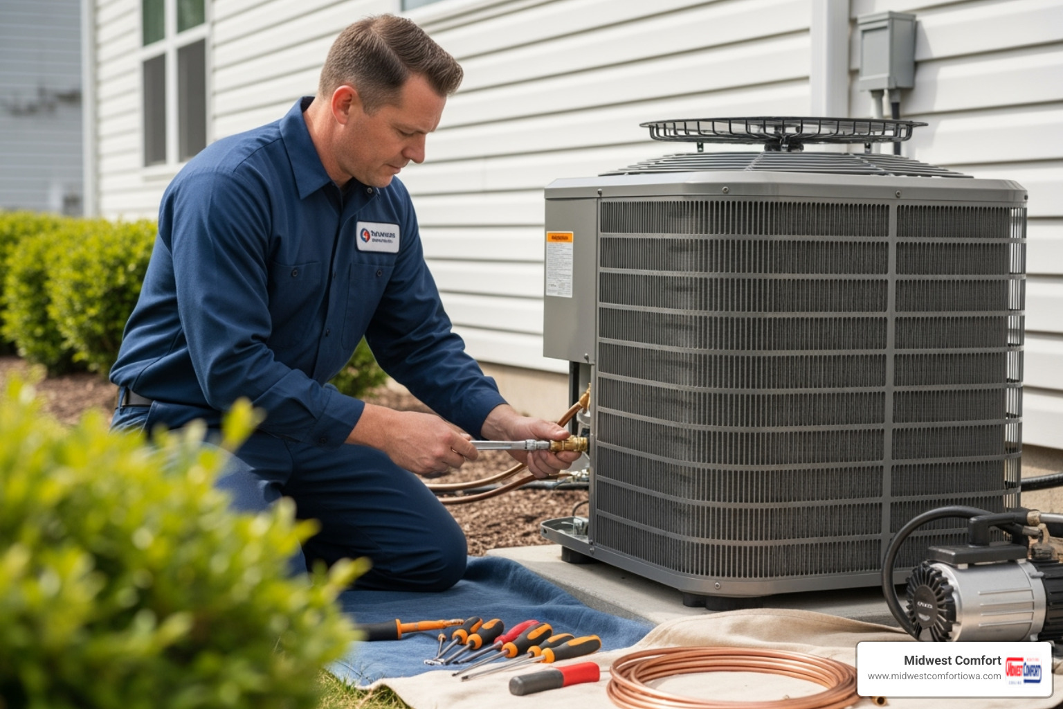 certified technician carefully installing an outdoor AC unit - ac installation des moines ia certified technician carefully installing an outdoor AC unit - ac installation des moines ia