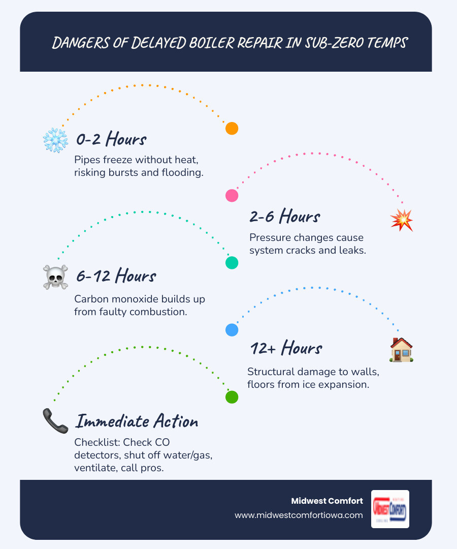 Infographic showing the dangers of delayed boiler repair in sub-zero Waukee Iowa temperatures, including a timeline of risks such as pipe freezing within 1-2 hours, potential carbon monoxide buildup, system cracking from pressure changes, and structural water damage, with a checklist of immediate steps homeowners should take before a technician arrives - 24 hour boiler repair in waukee, ia infographic infographic-line-5-steps-blues-accent_colors Infographic showing the dangers of delayed boiler repair in sub-zero Waukee Iowa temperatures, including a timeline of risks such as pipe freezing within 1-2 hours, potential carbon monoxide buildup, system cracking from pressure changes, and structural water damage, with a checklist of immediate steps homeowners should take before a technician arrives - 24 hour boiler repair in waukee, ia infographic infographic-line-5-steps-blues-accent_colors