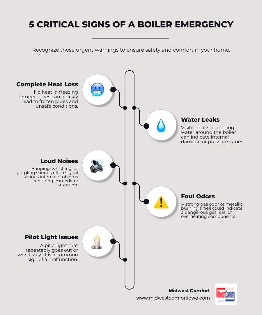 Infographic showing the 5 critical signs of a boiler emergency: 1. Complete loss of heat in freezing temperatures, 2. Water leaks or pooling around the boiler, 3. Loud banging, whistling, or gurgling sounds, 4. Strong gas odor or metallic burning smell, 5. Pilot light that repeatedly goes out or will not stay lit - 24 hour boiler repair in des moines, ia infographic infographic-line-5-steps-elegant_beige Infographic showing the 5 critical signs of a boiler emergency: 1. Complete loss of heat in freezing temperatures, 2. Water leaks or pooling around the boiler, 3. Loud banging, whistling, or gurgling sounds, 4. Strong gas odor or metallic burning smell, 5. Pilot light that repeatedly goes out or will not stay lit - 24 hour boiler repair in des moines, ia infographic infographic-line-5-steps-elegant_beige