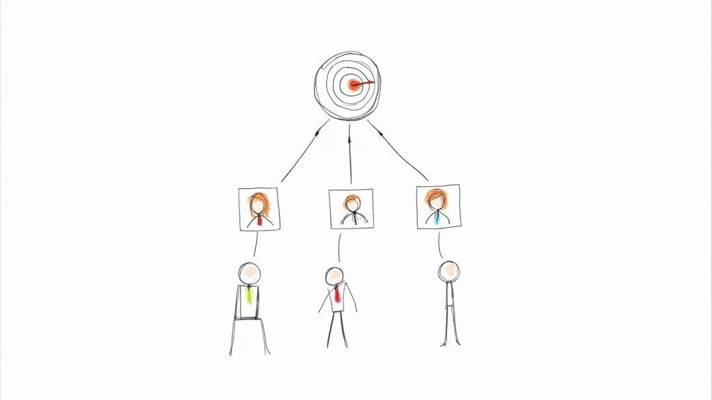 A hand-drawn diagram shows a target goal, three managers, and three team members, depicting organizational structure.
