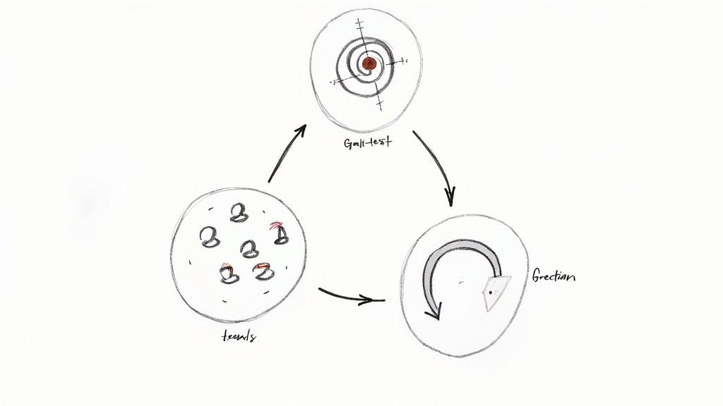 A hand-drawn cycle diagram illustrating a test, data points, and directional adjustment in a loop.