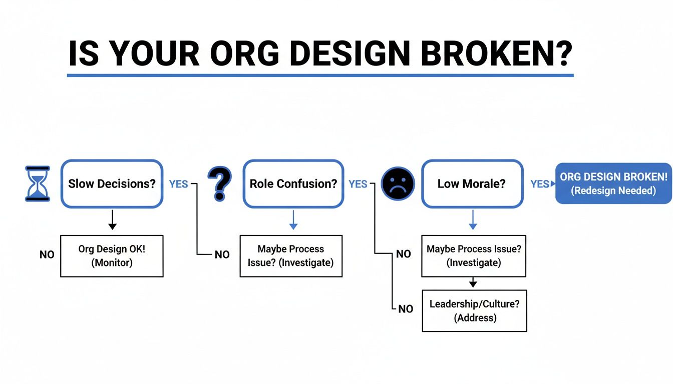 Decision tree flowchart diagnosing organizational design issues based on slow decisions, role confusion, and low morale.