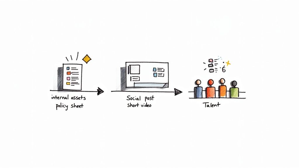 A visual workflow showing internal assets and policy sheet transforming into a social video, engaging talent.