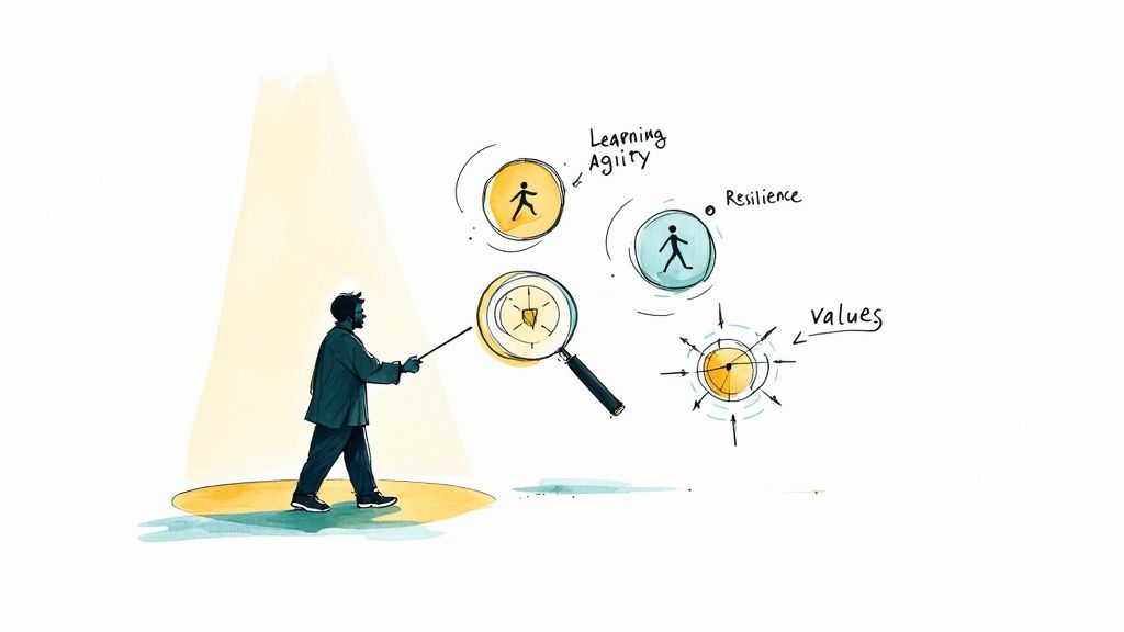 An illustrated man under a spotlight points to concepts of learning agility, resilience, and values with a magnifying glass.