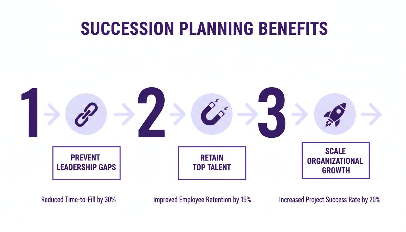 Infographic detailing three key succession planning benefits: preventing leadership gaps, retaining top talent, and scaling growth.
