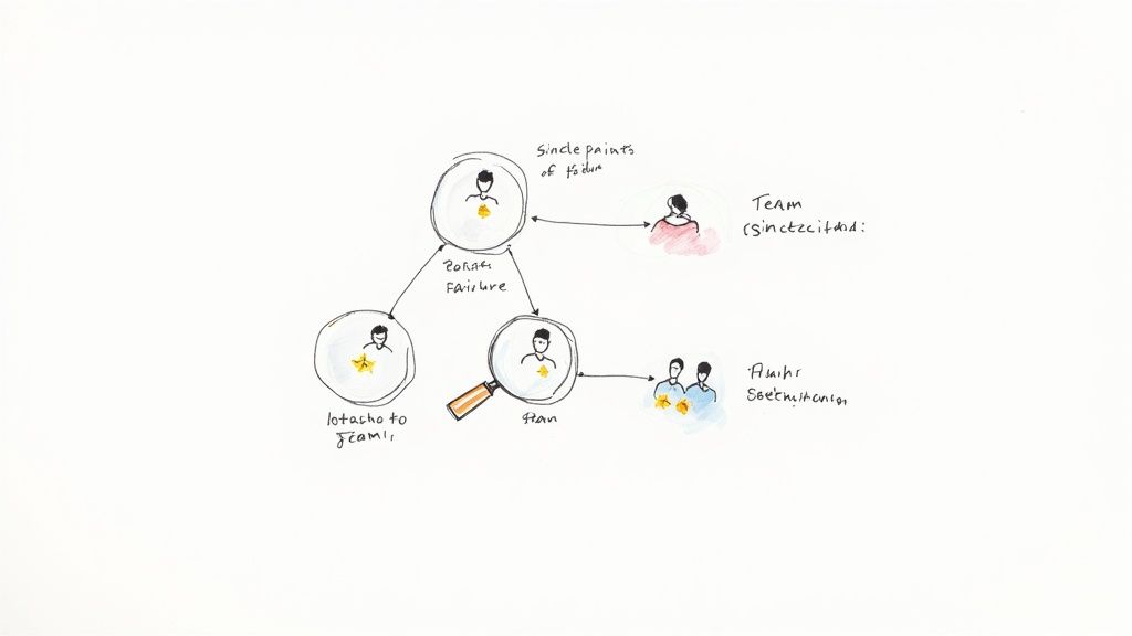 A hand-drawn diagram illustrating identifying single points of failure and team organization for succession planning.