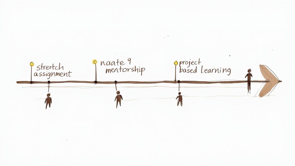 A brown arrow timeline depicts a journey with three milestones: stretch assignment, Naate 9 mentorship, and project-based learning, each with a person.