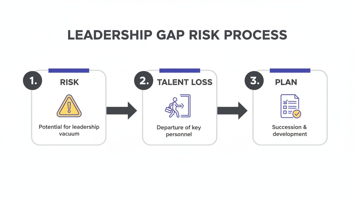 A diagram illustrating the Leadership Gap Risk Process, detailing risk, talent loss, and succession planning.