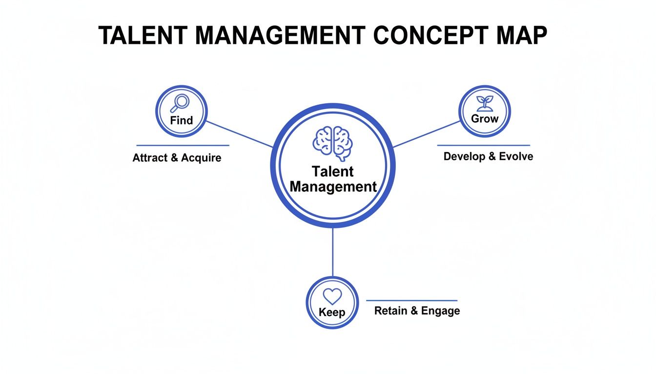 A Talent Management concept map illustrating the core processes: Find, Grow, and Keep talent.