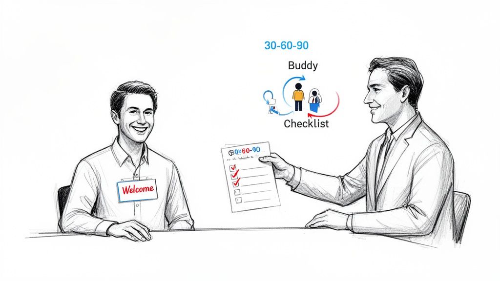 A new employee with a welcome tag is onboarded using a 30-60-90 plan, checklist, and buddy system.