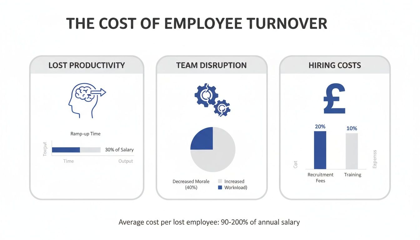 Infographic illustrating the various costs associated with employee turnover, including lost productivity, team disruption, and hiring.