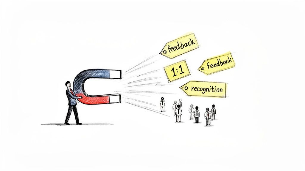 A manager uses a magnet to attract employees with feedback, 1:1s, and recognition.