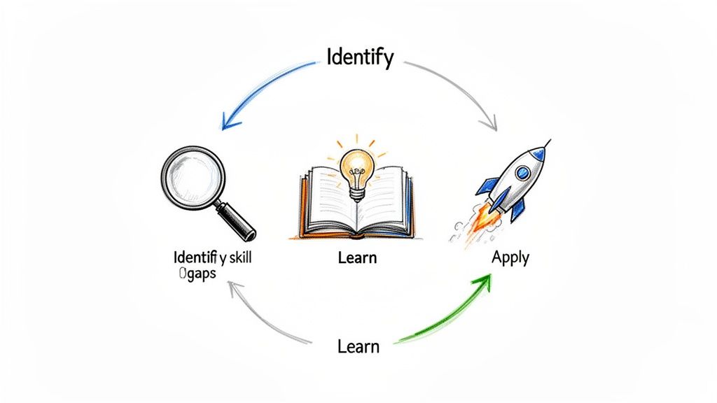 Learning and development cycle diagram: identify skill gaps with a magnifying glass, learn with a book, and apply with a rocket.