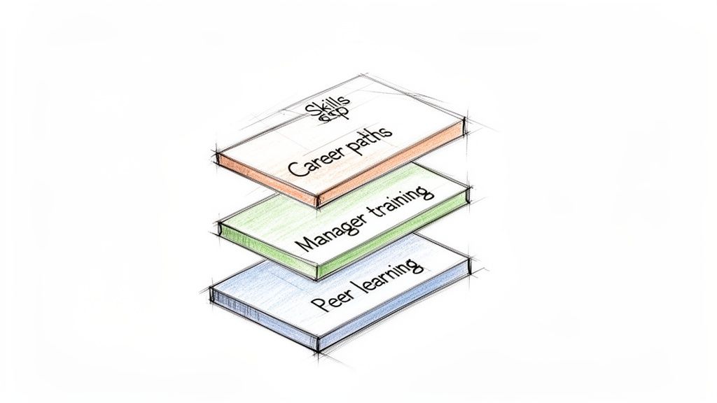 A hand-drawn stacked diagram showing learning and development concepts: Skills gap, Career paths, Manager training, and Peer learning.