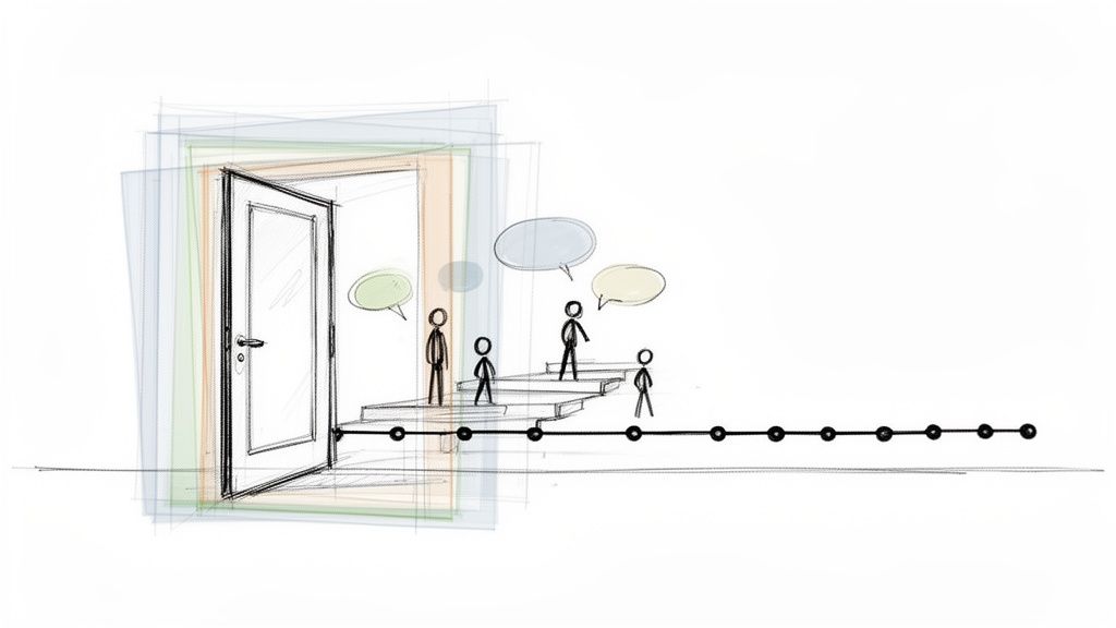 A sketch of stick figures on steps with speech bubbles, leading to a dotted path, symbolizing progress and discussion.