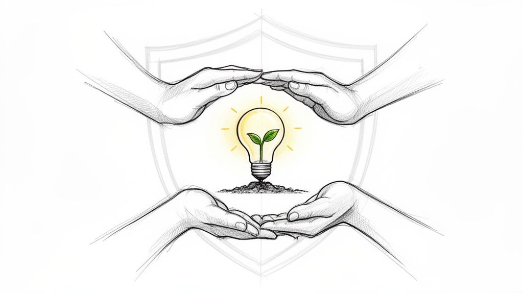 Sketch of hands protecting a glowing lightbulb with a green sprout, symbolizing sustainable innovation and growth.
