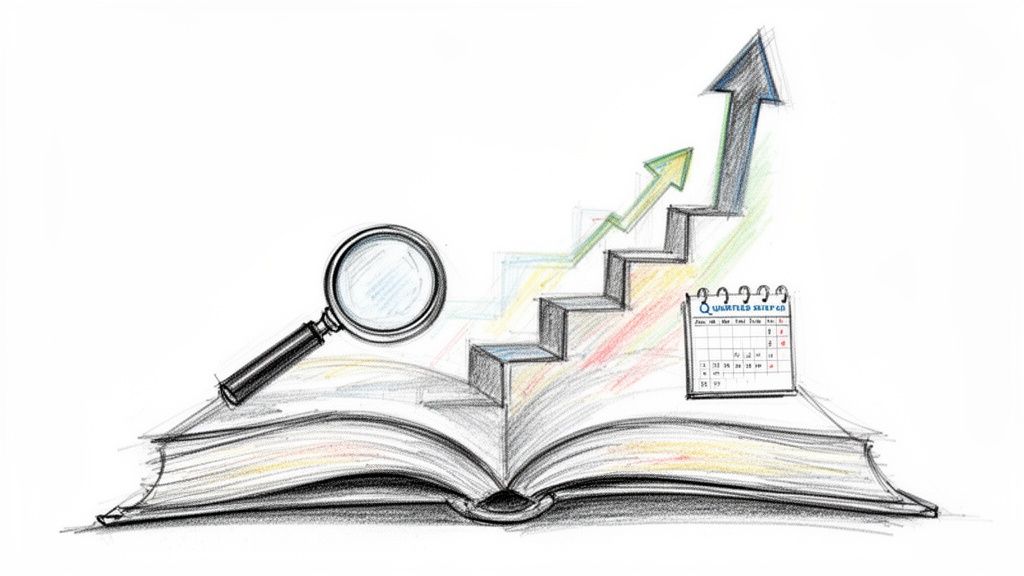 Detailed sketch of an open book, a magnifying glass, a growth chart with arrows, and a calendar.