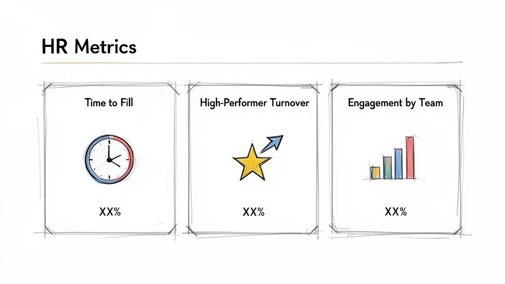 A presentation slide displaying key HR metrics: Time to Fill, High-Performer Turnover, and Engagement by Team.