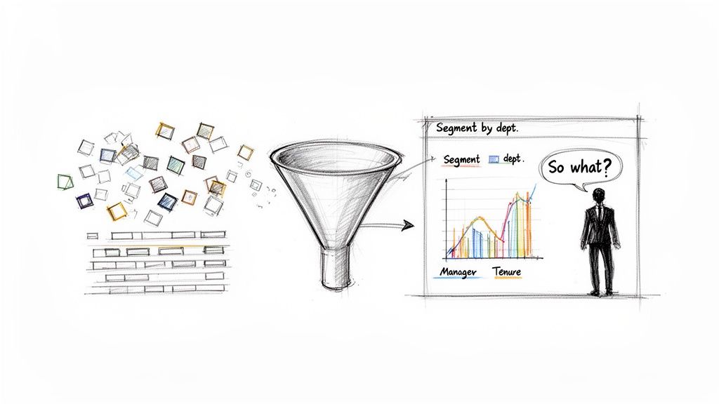 Raw data transformed via a funnel into an HR analytics chart, with a man asking 'So what?'