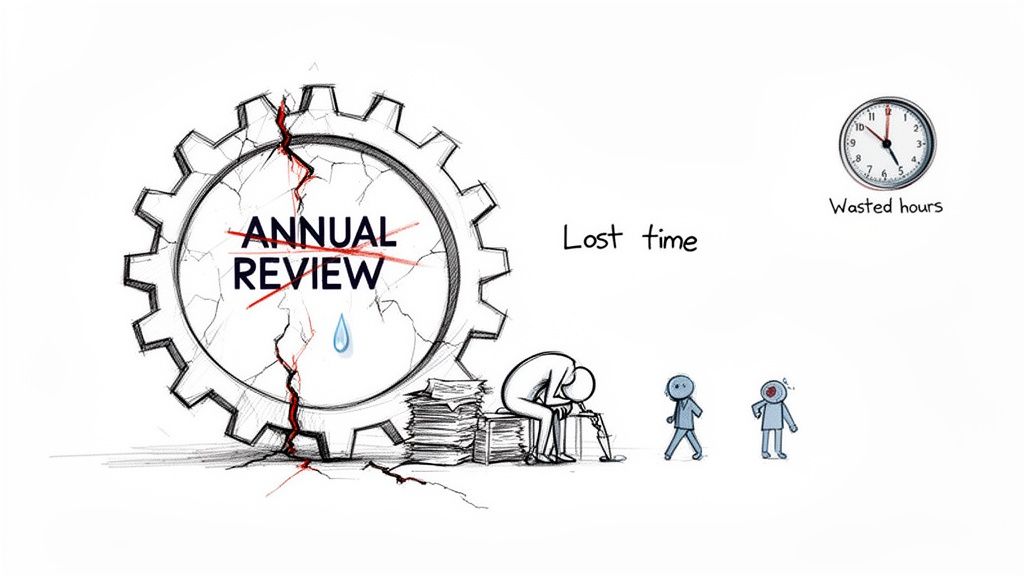 Cartoon depicting the negative impacts of annual performance reviews: broken process, lost time, and exhausted employees.