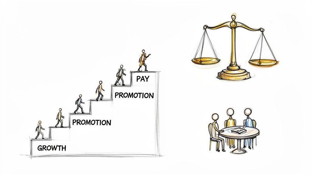 Cartoon showing career progression steps: growth, promotion, pay, alongside scales and a meeting.