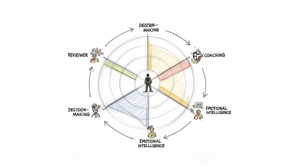 A 360-degree feedback model diagram illustrating roles like reviewer, coach, and decision-making around a central figure.