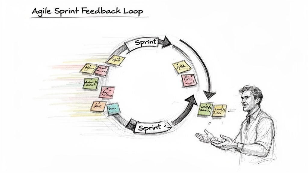 Sketch illustrating an Agile Sprint Feedback Loop with sticky notes and a gesturing man.