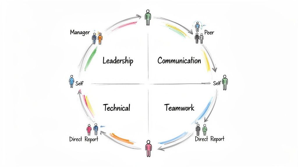 A 360-degree evaluation diagram showing feedback loops for Leadership, Communication, Technical, and Teamwork.