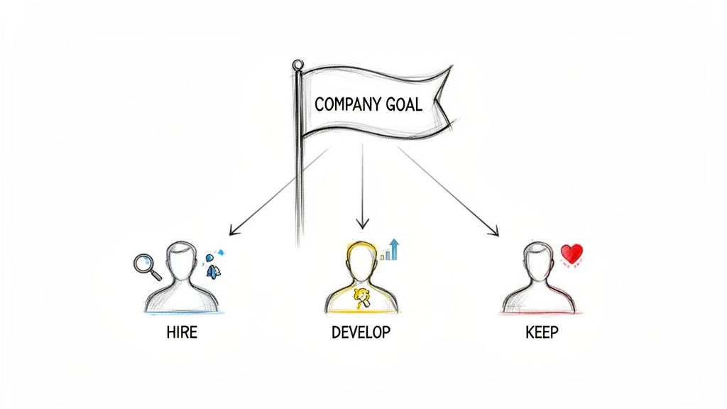 A diagram showing 'COMPANY GOAL' leading to three aspects: 'HIRE', 'DEVELOP', and 'KEEP' employees.