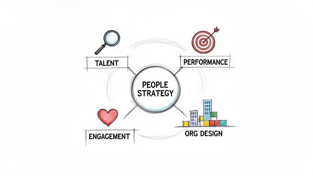 A diagram illustrating 'People Strategy' linked to four key components: Talent, Performance, Engagement, and Org Design.