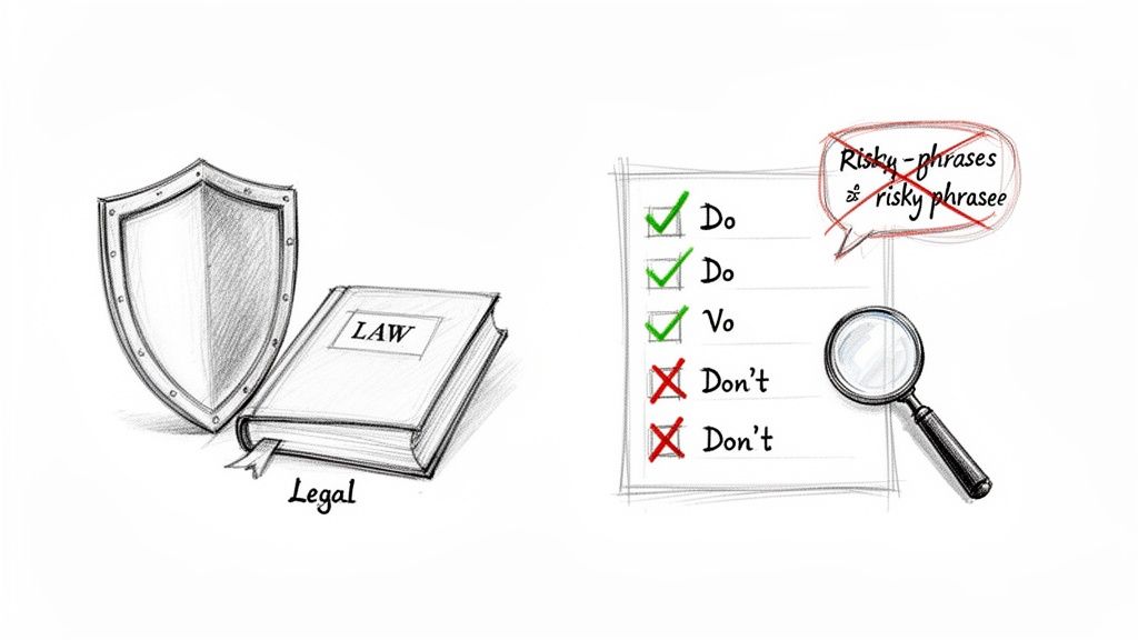 A shield and law book represent legal compliance, while a checklist and magnifying glass indicate risk assessment.