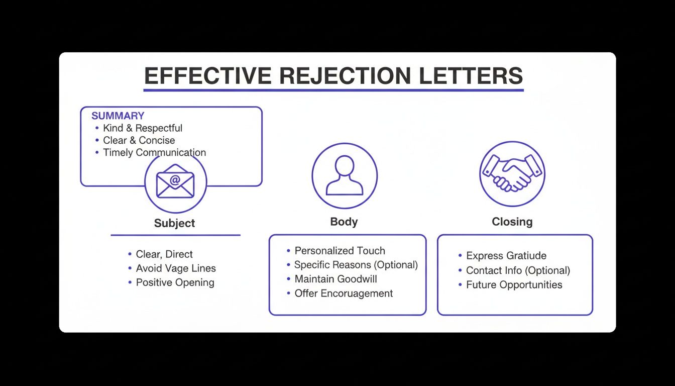 Infographic illustrating key elements and tips for crafting effective and respectful rejection letters.