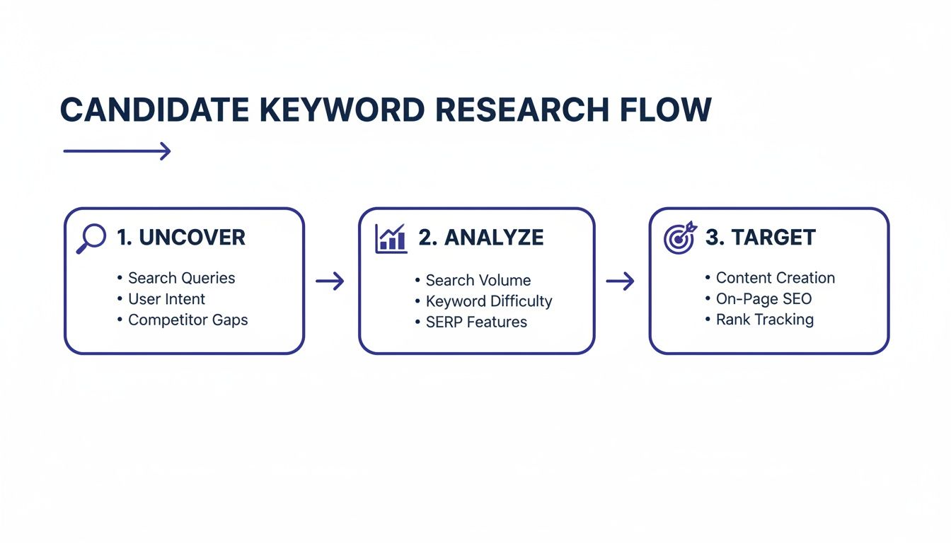 A diagram outlining the candidate keyword research flow with steps: Uncover, Analyze, and Target.