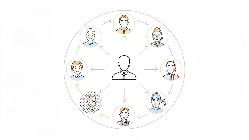 Diagram illustrating a performance evaluation process with a central manager and surrounding team members.