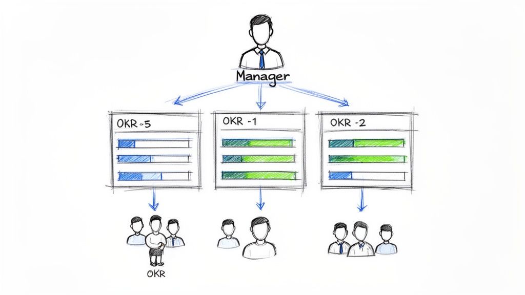 An organizational chart illustrating a manager delegating to three OKRs with progress bars and their teams.